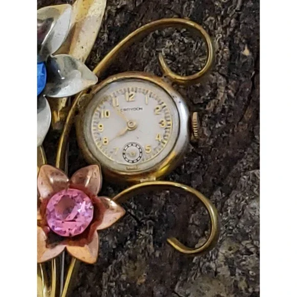 Vintage Croydon Watch Flower Bouquet Brooch Pin, Metal Floral Arrangement